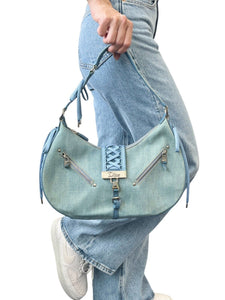 Christian Dior Vintage 2002 Admit It Denim Shoulder Bag Blue Silver Cotton