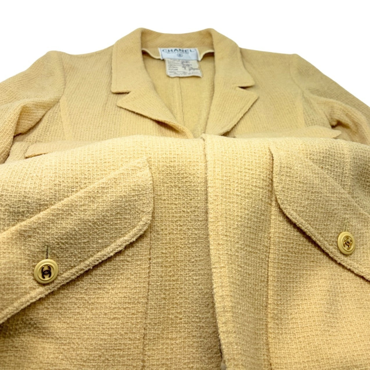 CHANEL Vintage 1994 CC Logo Tweed Collared Jacket #34 Yellow Gold Button Wool