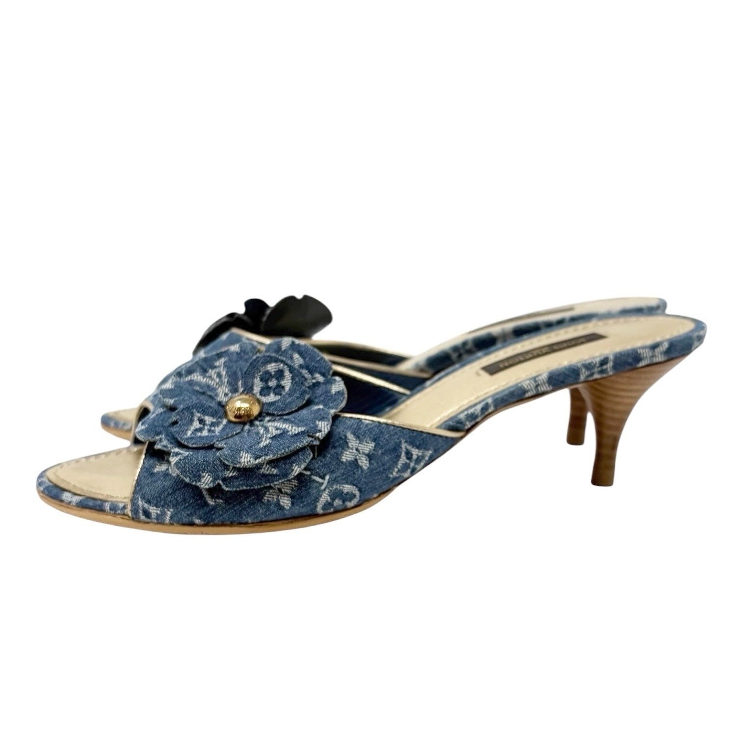 LOUIS VUITTON Vintage Monogram Denim Heels Sandals #36.5 Blue Gold Corsage