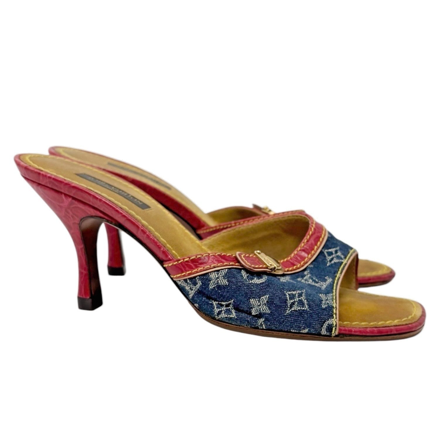 LOUIS VUITTON Vintage Monogram Denim Heels Sandals #36.5 Blue Brown Leather