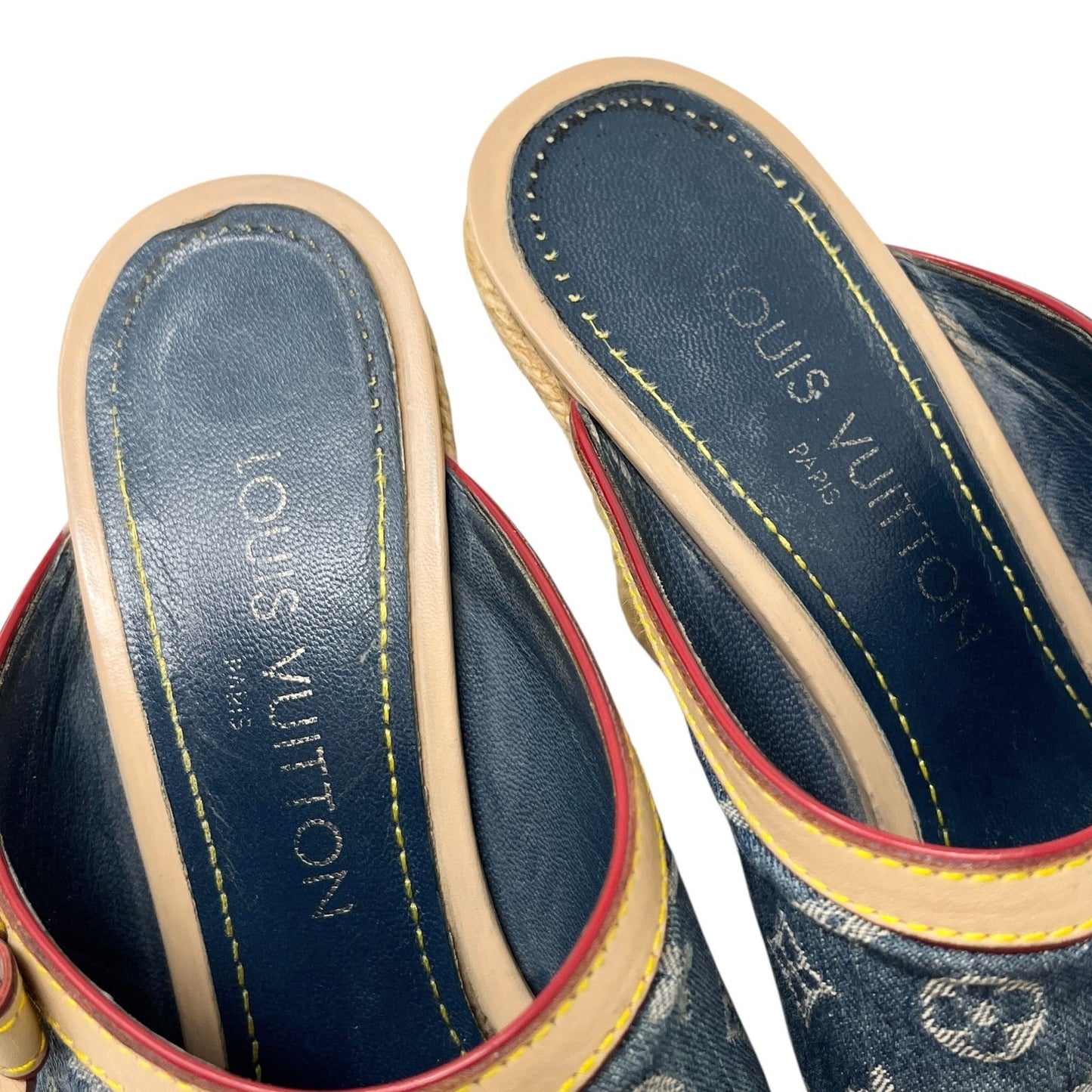 LOUIS VUITTON Vintage Monogram Denim Wedge Sole Sandals #38 Ribbon Blue Beige