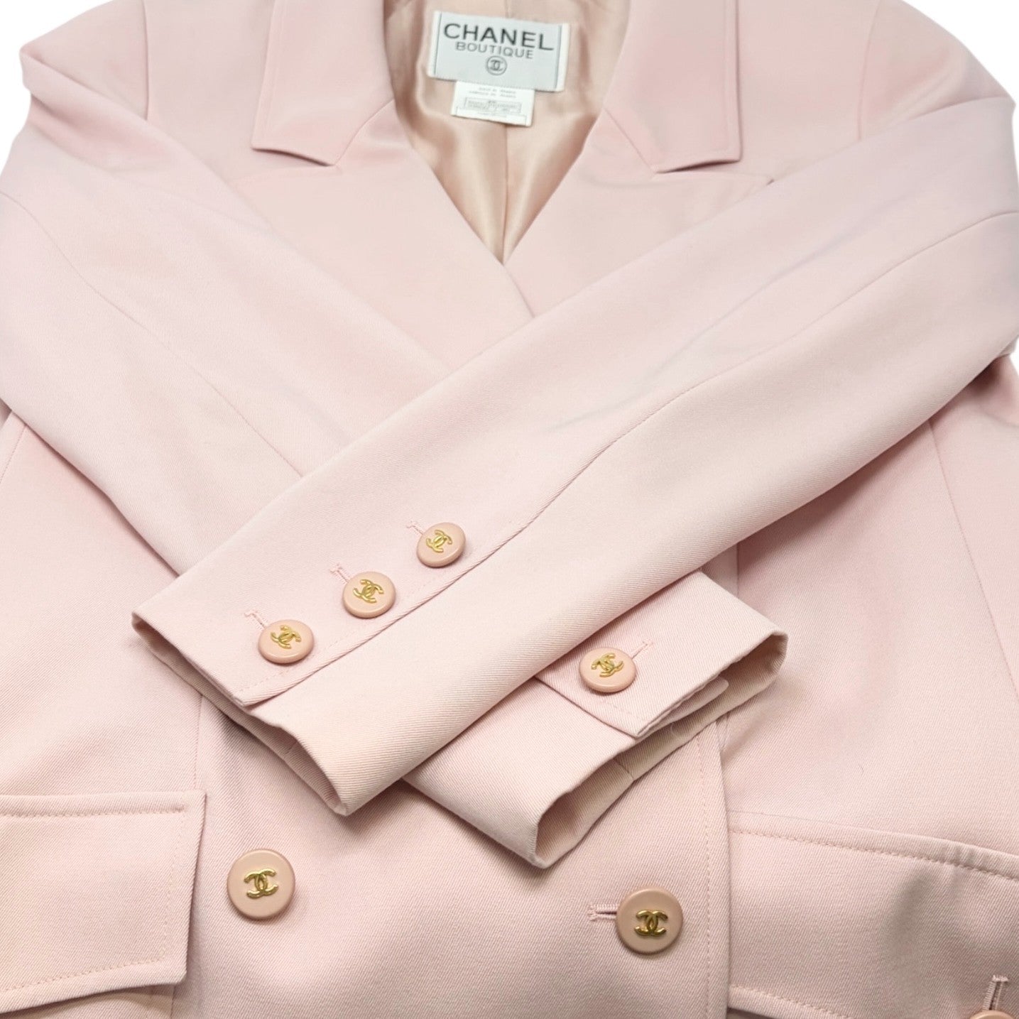 CHANEL Vintage 97P CC Logo Button Blazer Long Coat Jacket #40 Pink Wool