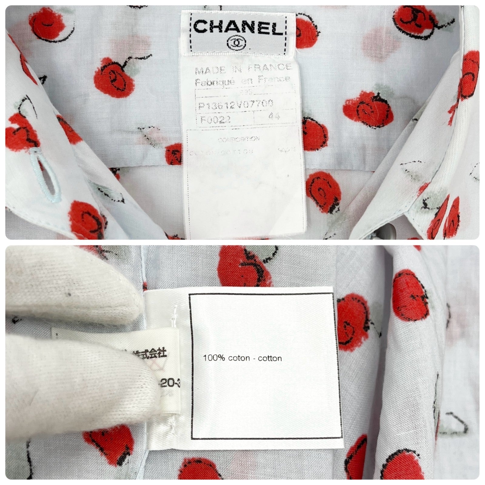 CHANEL Vintage 99S CC Logo Flower Print Shirt Top #44 Button Light Blue Red