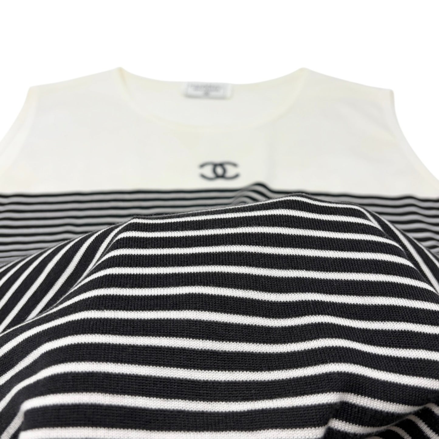 CHANEL Vintage CC Striped Sleeveless Tank Top #M White Black Cotton 902263