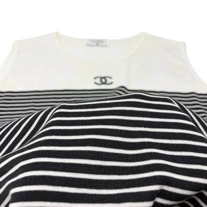 CHANEL Vintage CC Striped Sleeveless Tank Top #M White Black Cotton 902263