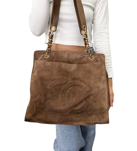 CHANEL Vintage Stitch CC Logo Suede Chain Tote Shoulder Bag Brown 902376