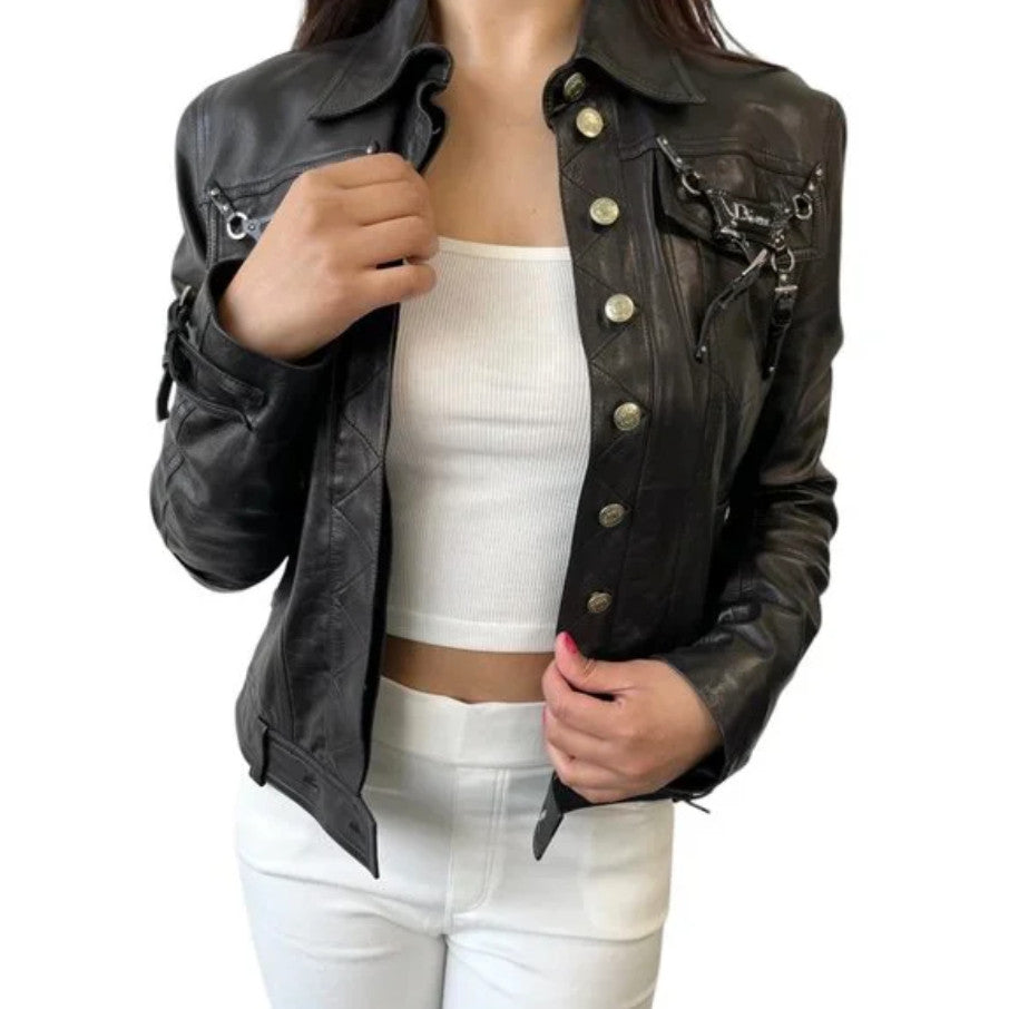 Christian Dior Vintage 2004 Bondage Logo Leather Jacket #36 Black Silver