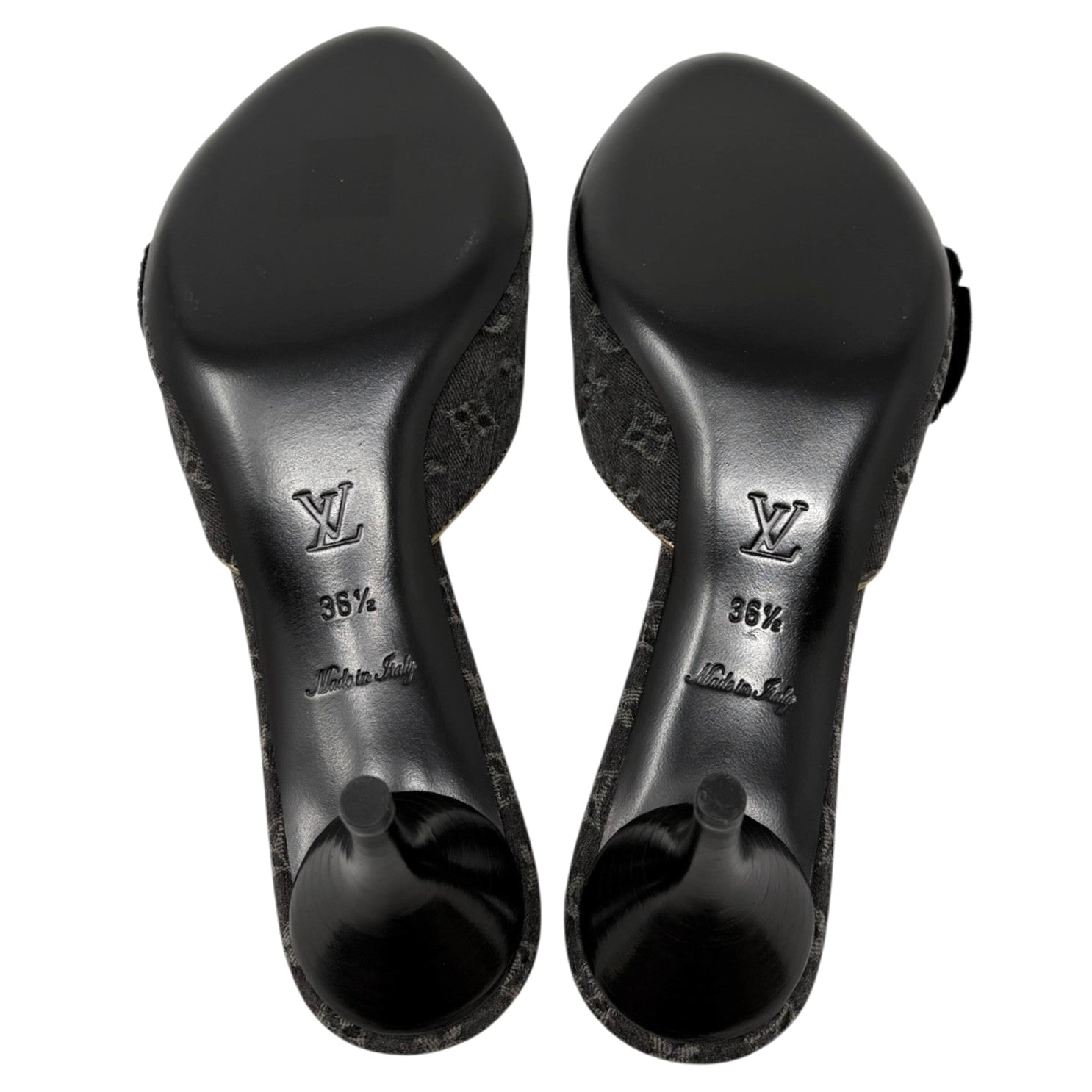 LOUIS VUITTON Vintage Monogram Denim Heels Sandals #36.5 Black Gold Corsage