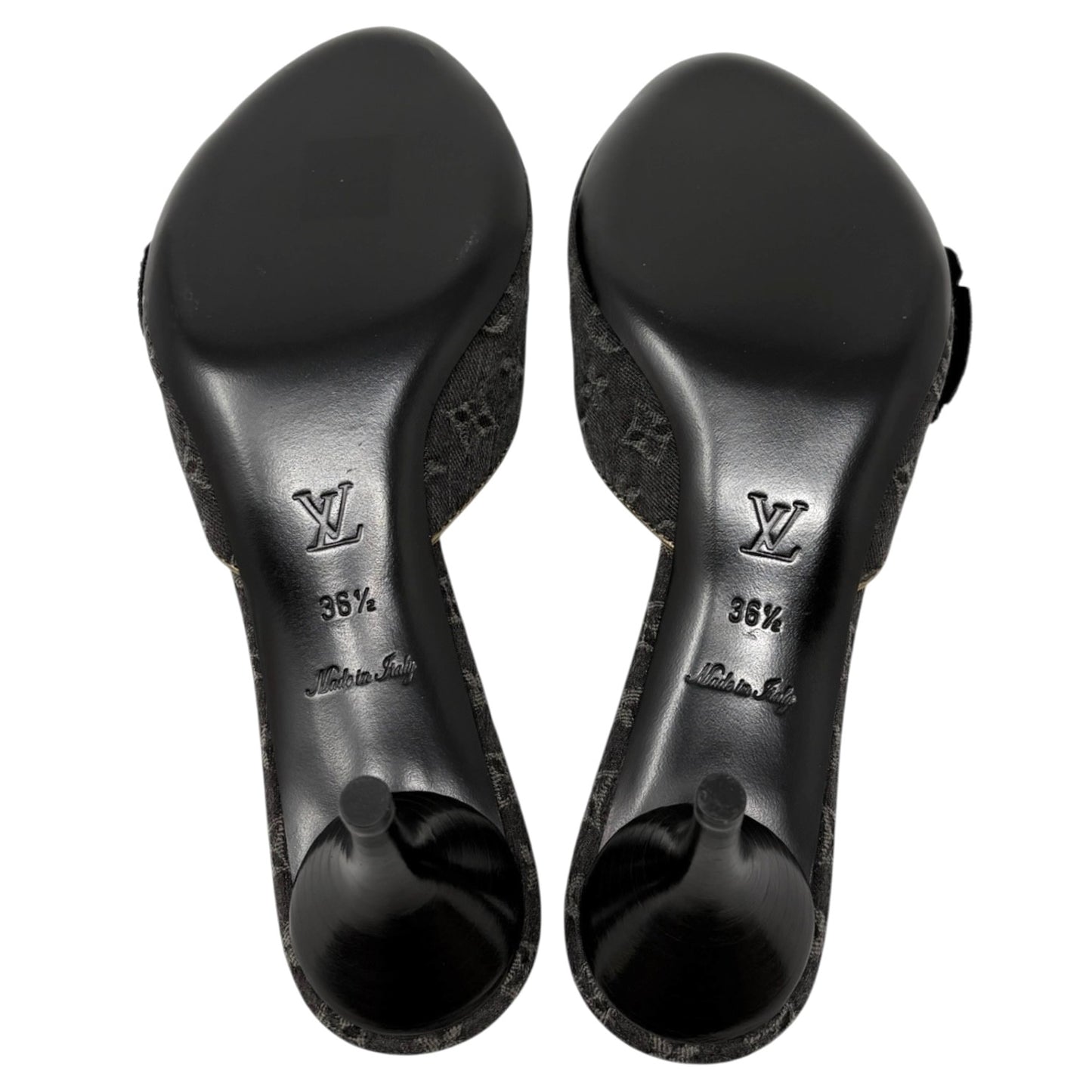 LOUIS VUITTON Vintage Monogram Denim Heels Sandals #36.5 Black Gold Corsage