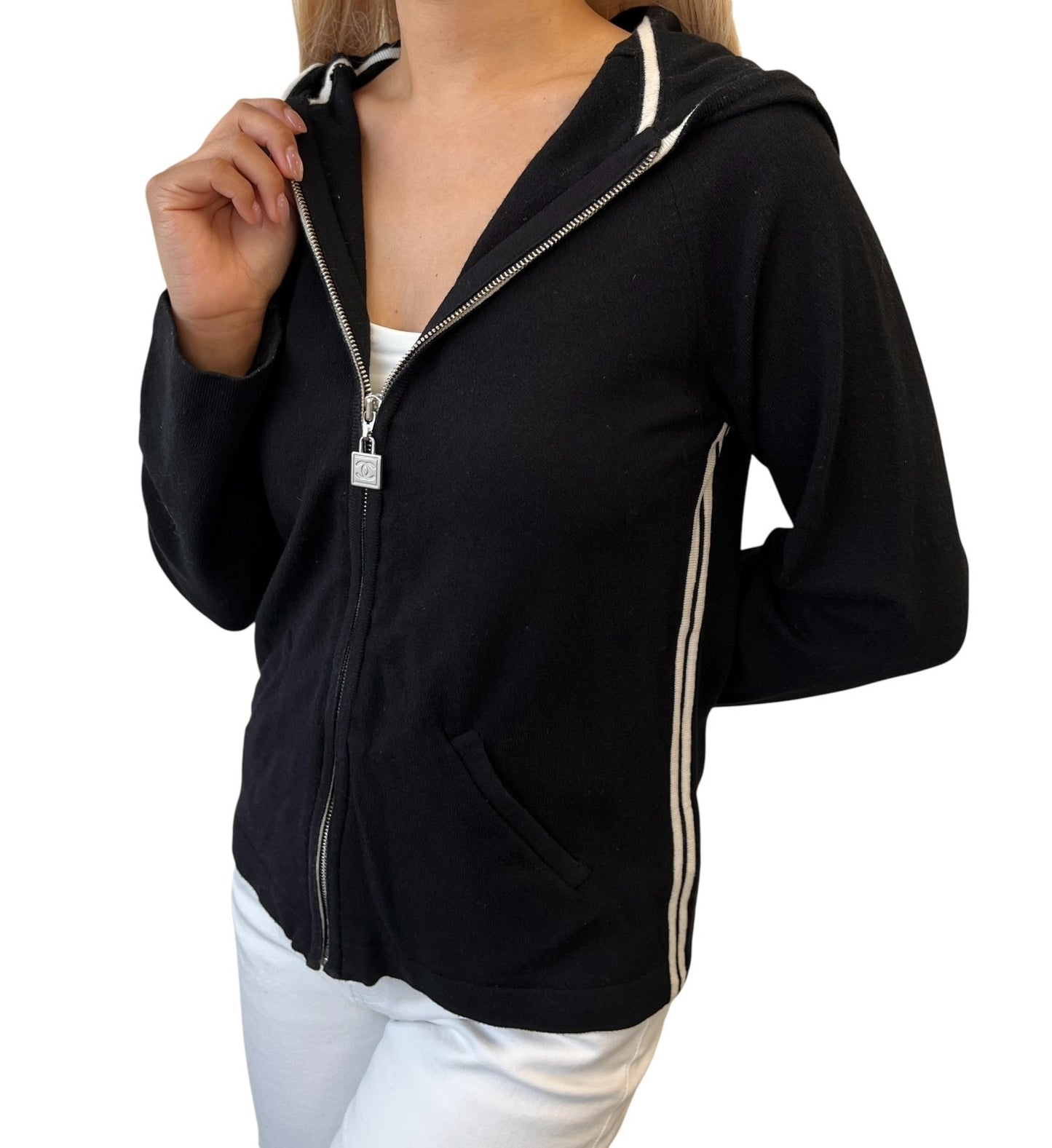 CHANEL Sport Vintage 04A CC Logo Jacket Top Hoodie #40 Black White Wool Zip