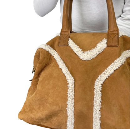 Yves Saint Laurent Vintage YSL Logo Boa Boston Bag Brown Cream Suede 902808