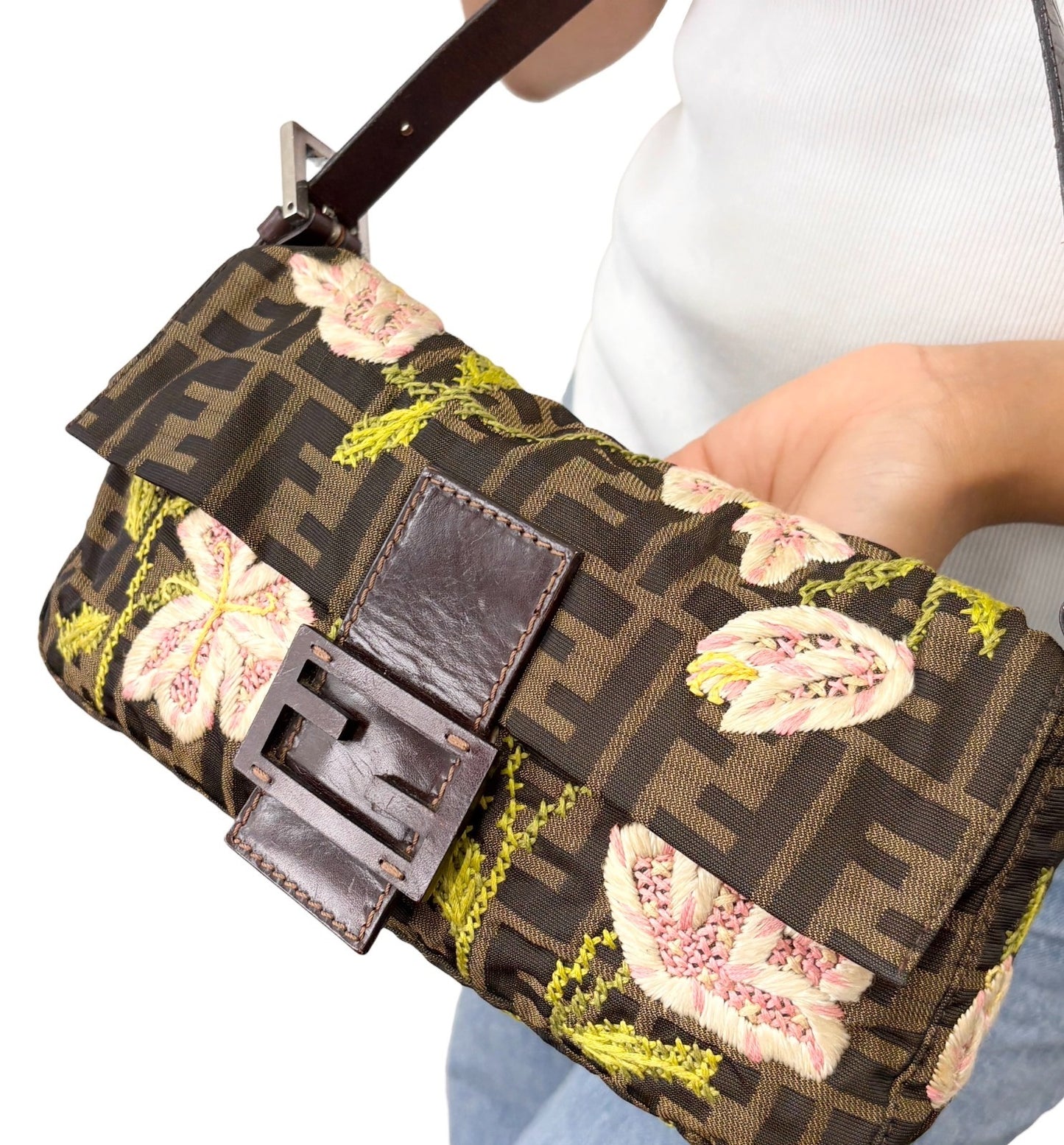 FENDI Vintage FF Zucca Mamma Baguette Flower Shoulder Bag Canvas Brown 901848