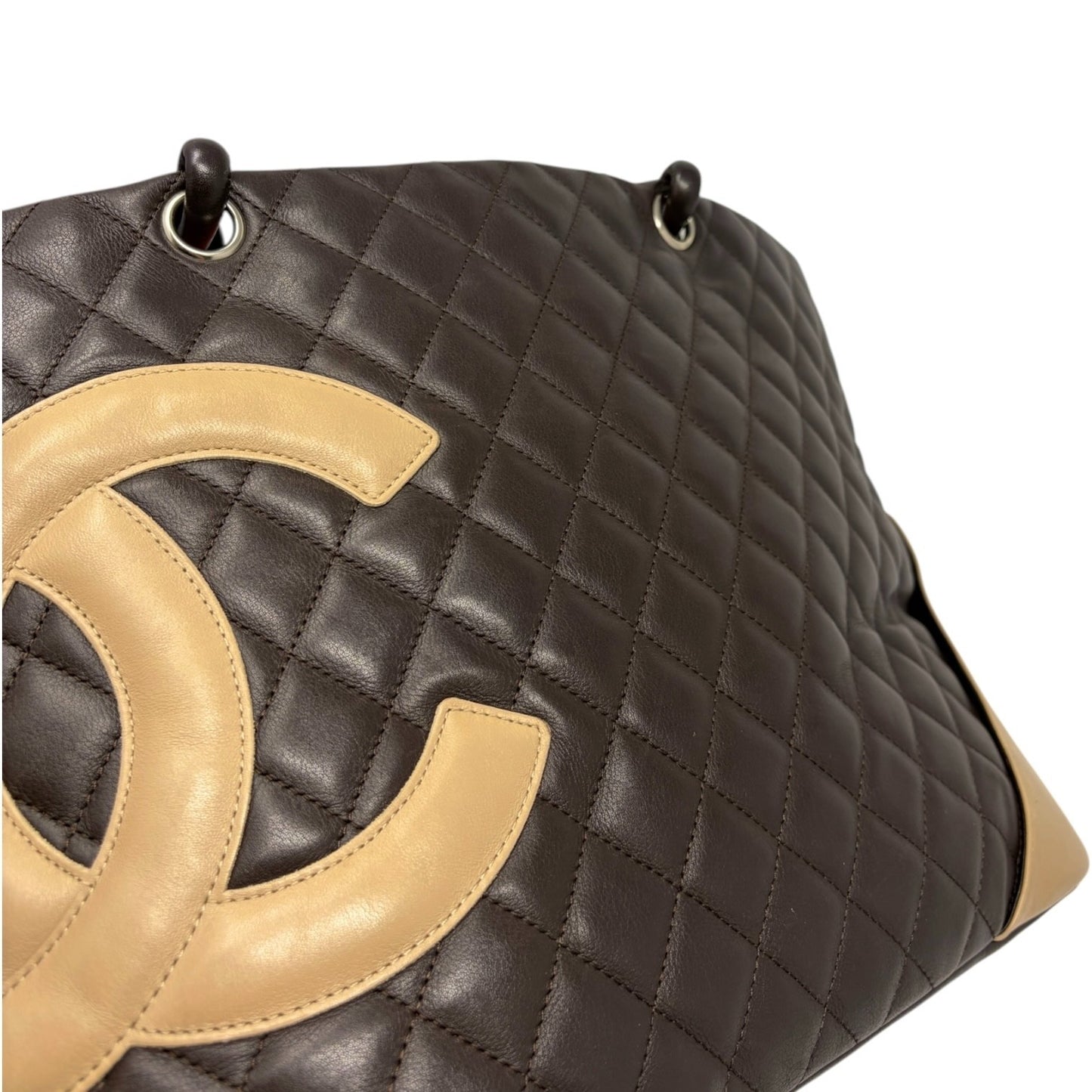 CHANEL Vintage Cambon Line CC Logo Quilted Tote Bag Brown Beige Leather