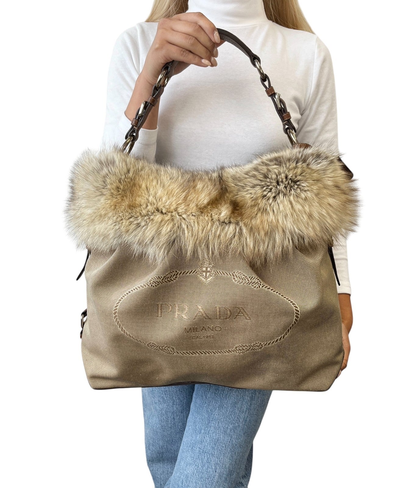 PRADA Vintage Logo Jacquard Fur Trim Canvas Shoulder Tote Bag Beige Brown