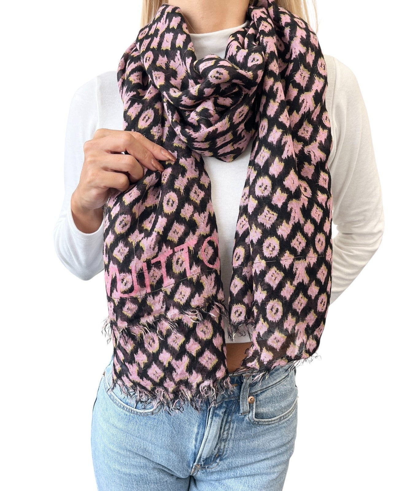 LOUIS VUITTON Vintage Monogram Logo Graffiti Scarf Shawl Pink Black Yellow Silk