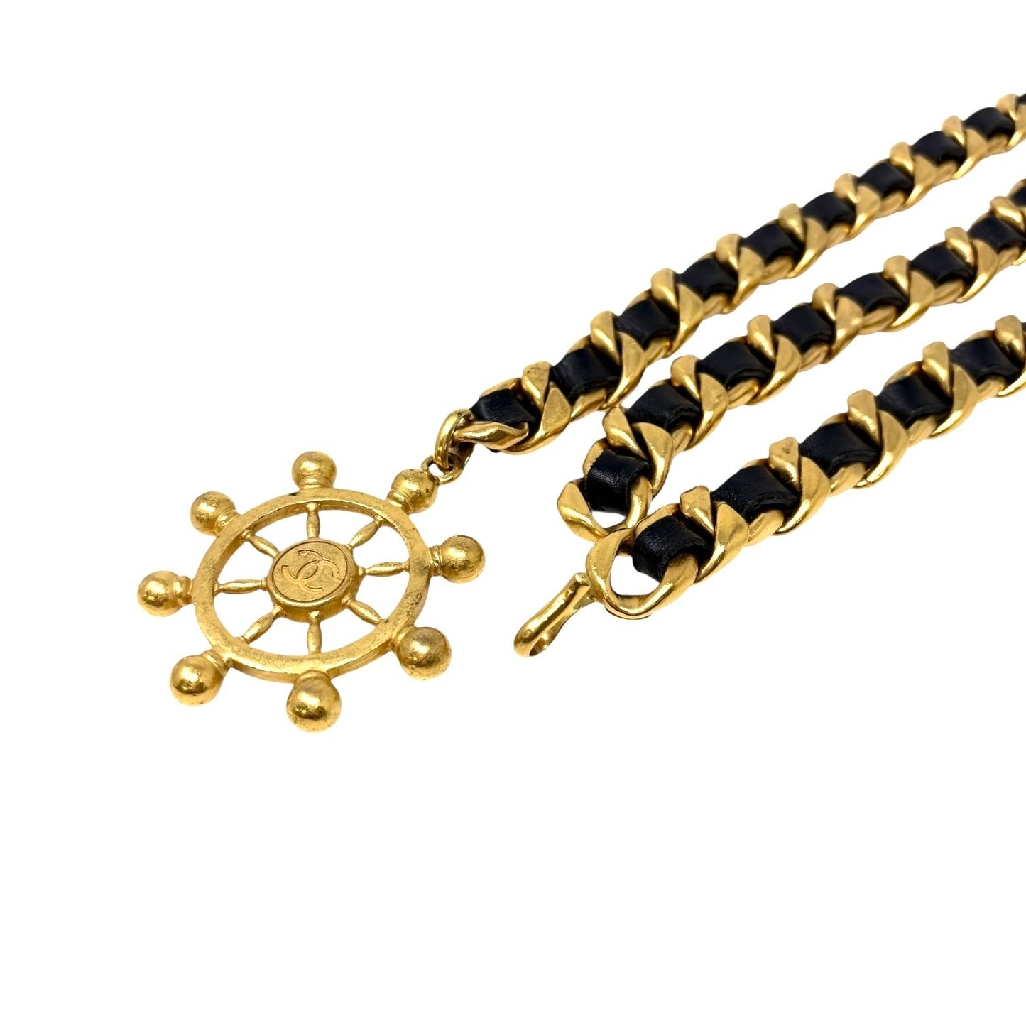 CHANEL Vintage 94P CC Mark Logo Chain Belt Gold Black Metal Leather