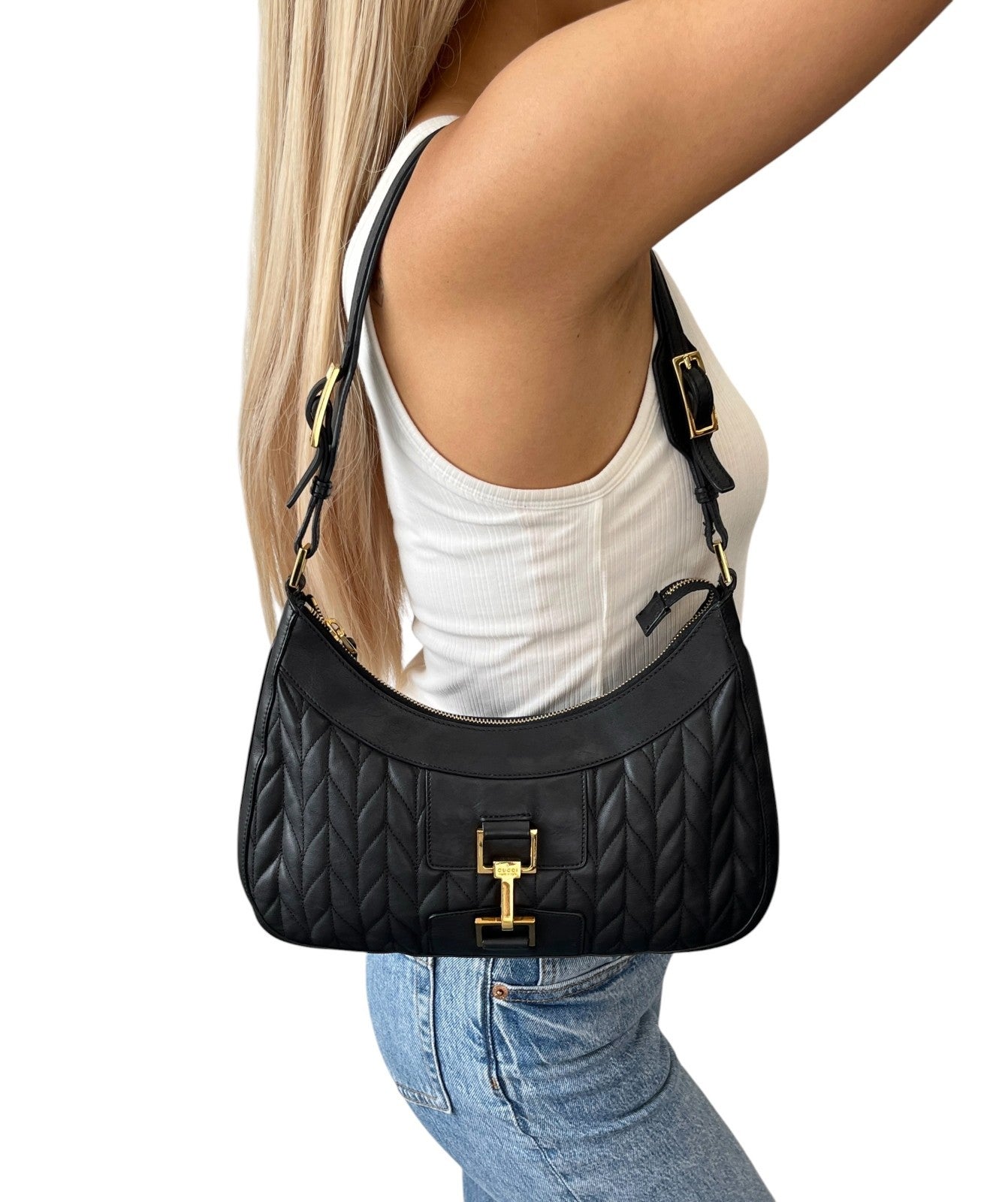 GUCCI Vintage Logo Quilted Hobo Shoulder Bag Black Gold Leather Zip 106546
