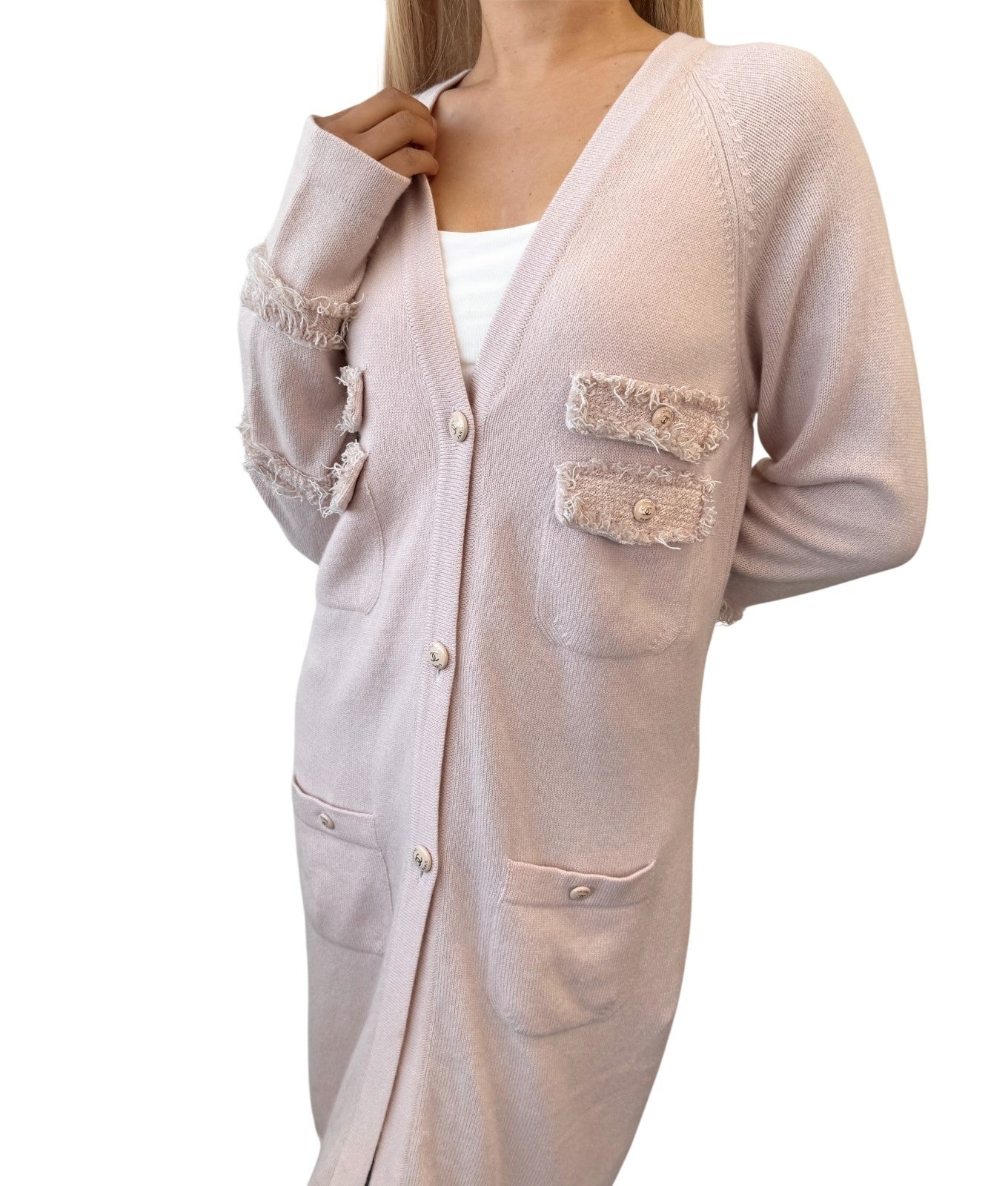 CHANEL Vintage 09A Logo Long Cardigan Top Sweater ＃40 Pink Cashmere Knit Tweed