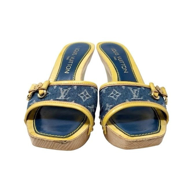LOUIS VUITTON Vintage Logo Monogram Sandals Heels #36 Blue Yellow Leather
