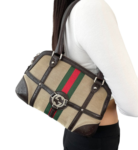 GUCCI Vintage GG Interlocking Web Stripe Canvas Shoulder Bag Beige Brown 901803