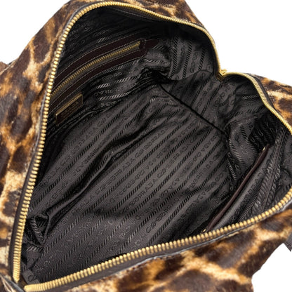 PRADA Vintage Leopard Pony Calf Hair Shoulder Top Handle Bag Cream Brown 902393