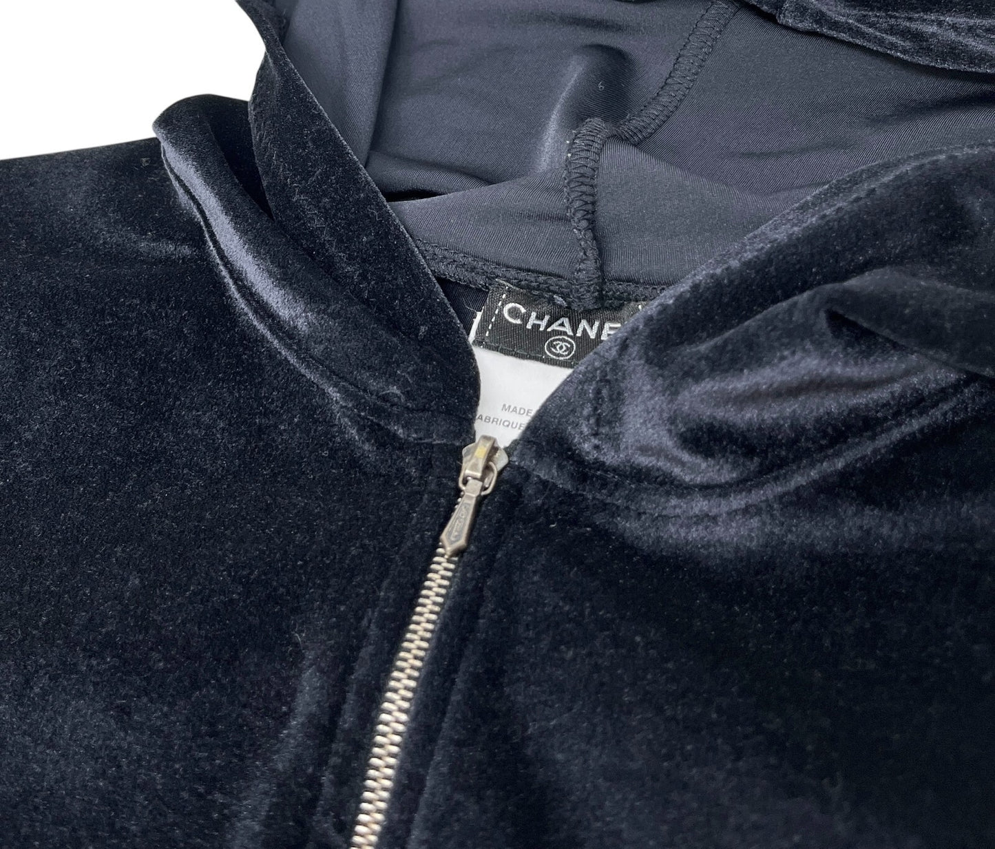 CHANEL Vintage 05C Hoodie Parka Jacket #36 Cropped Zip Velvet Black Nylon
