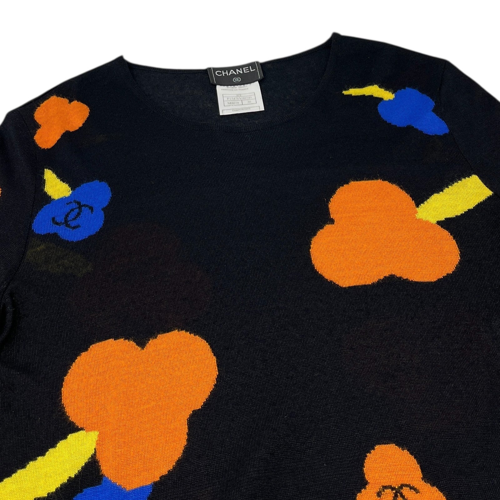 CHANEL Vintage 00T CC Mark Logo Camellia Knit Sweater Top #38 Black Viscose