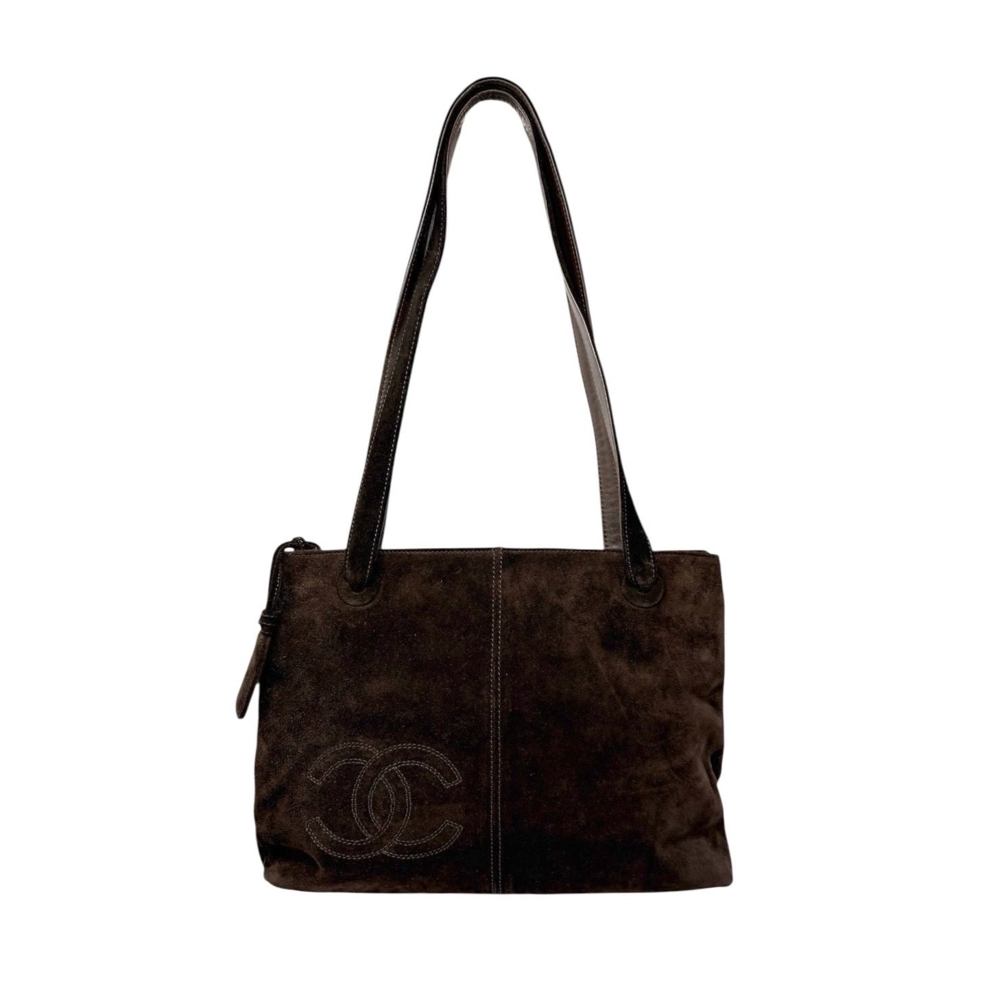 CHANEL Vintage Embroidered CC Logo Suede Tote Shoulder Bag Dark Brown Stitch