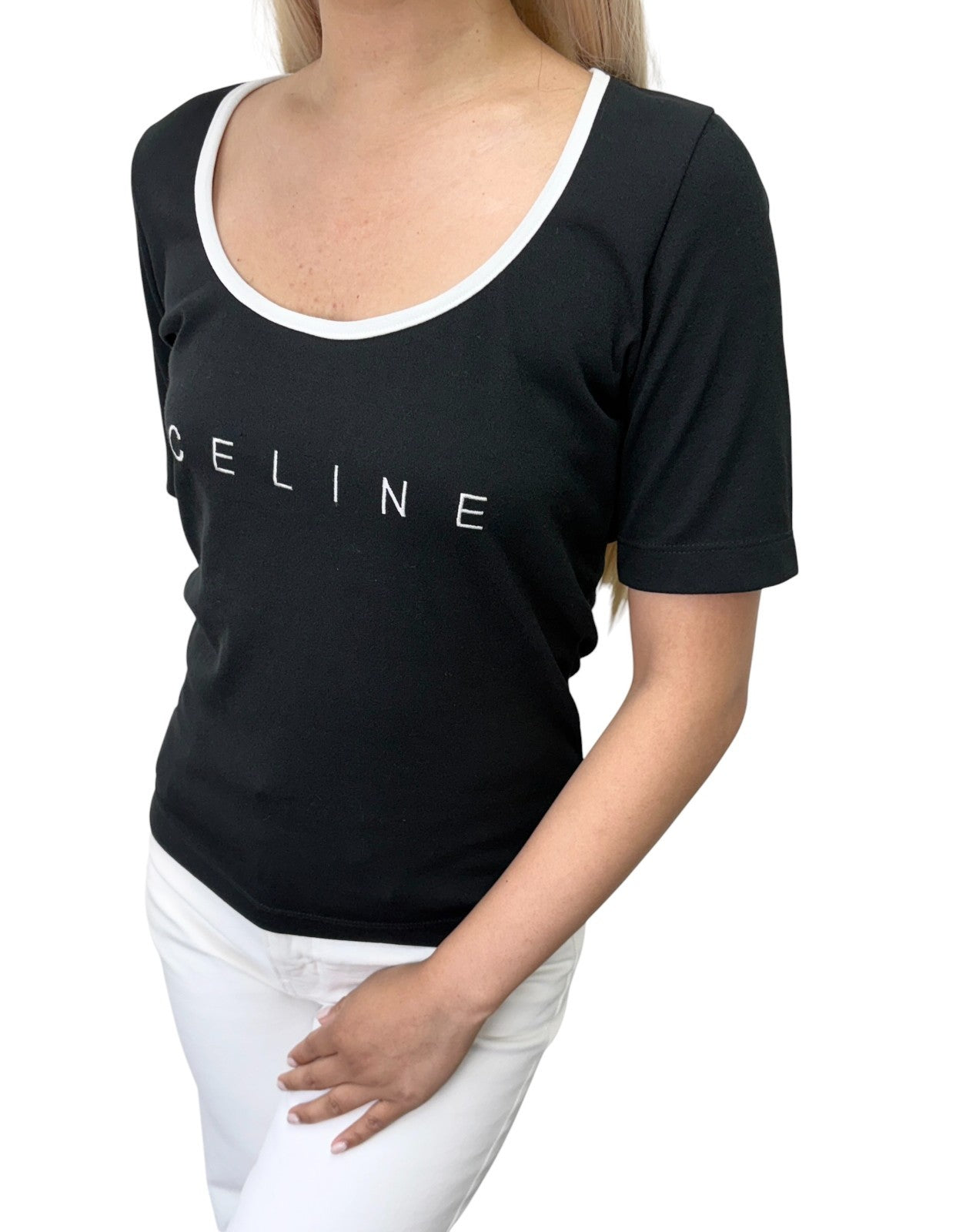 CELINE Vintage Logo T-shirt Top #38 Black White Short Sleeve Polyester 902429