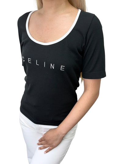 CELINE Vintage Logo T-shirt Top #38 Black White Short Sleeve Polyester 902429
