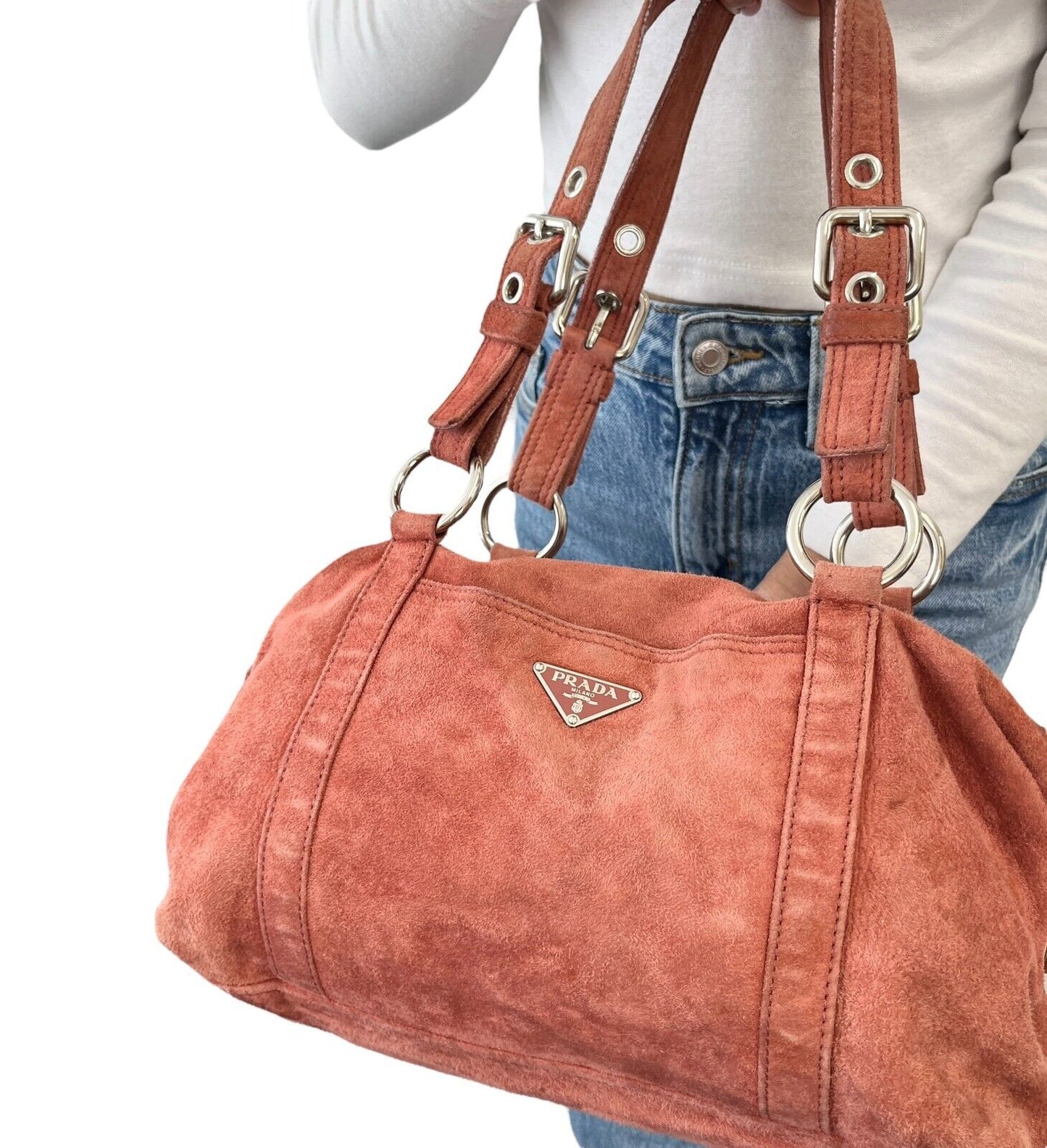 PRADA Vintage Logo Shoulder Bag Tote Red Brown Silver Handbag Suede Zip