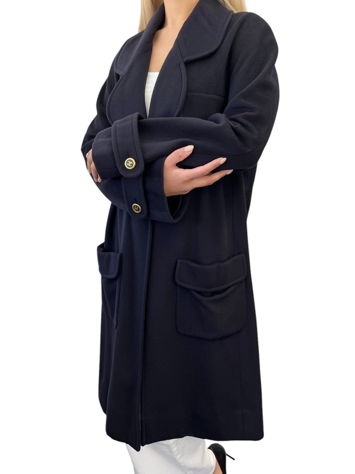 CHANEL Vintage 94A CC Logo Long Coat Button Jacket #40 Dark Blue Gold Cashmere