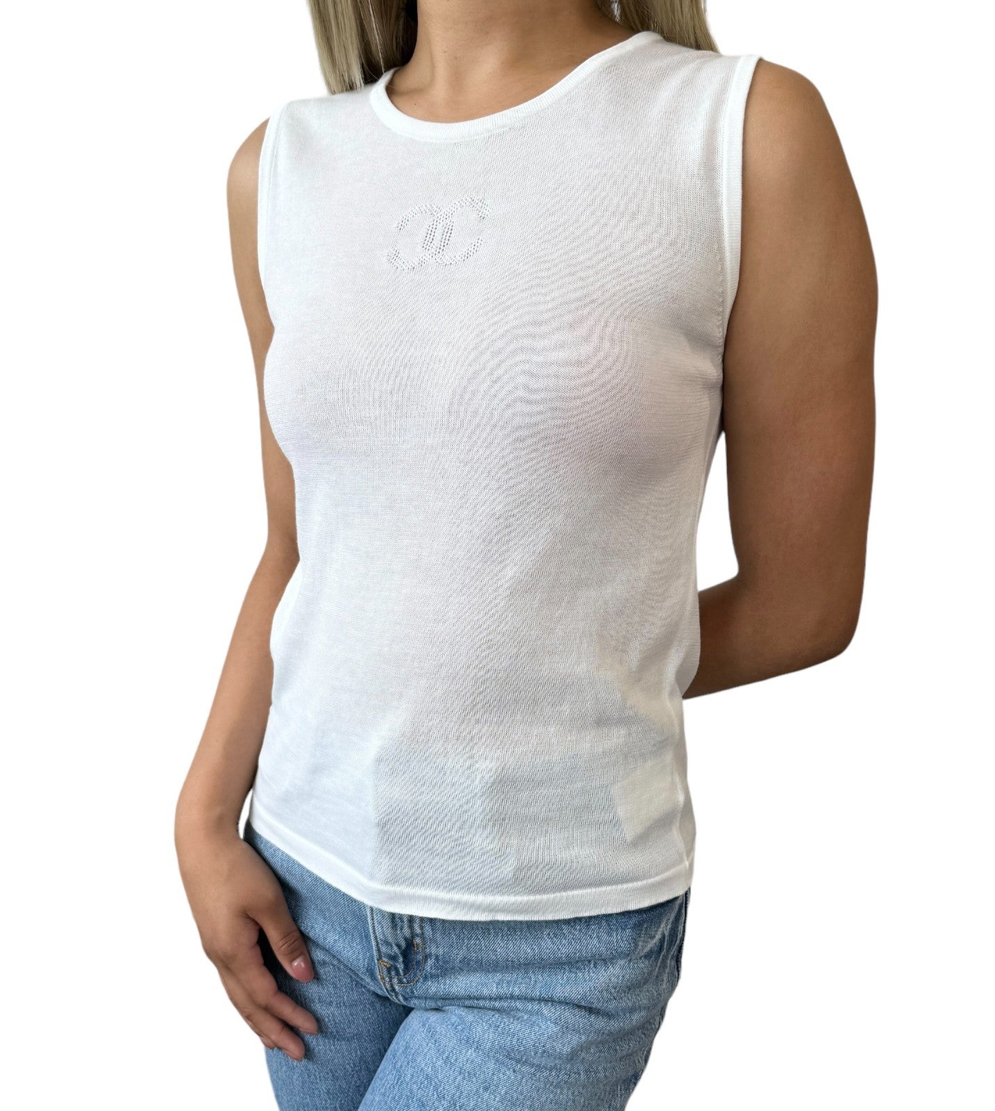 CHANEL Vintage 06P CC Logo Knit Tank Top #38 Pullover White Cotton