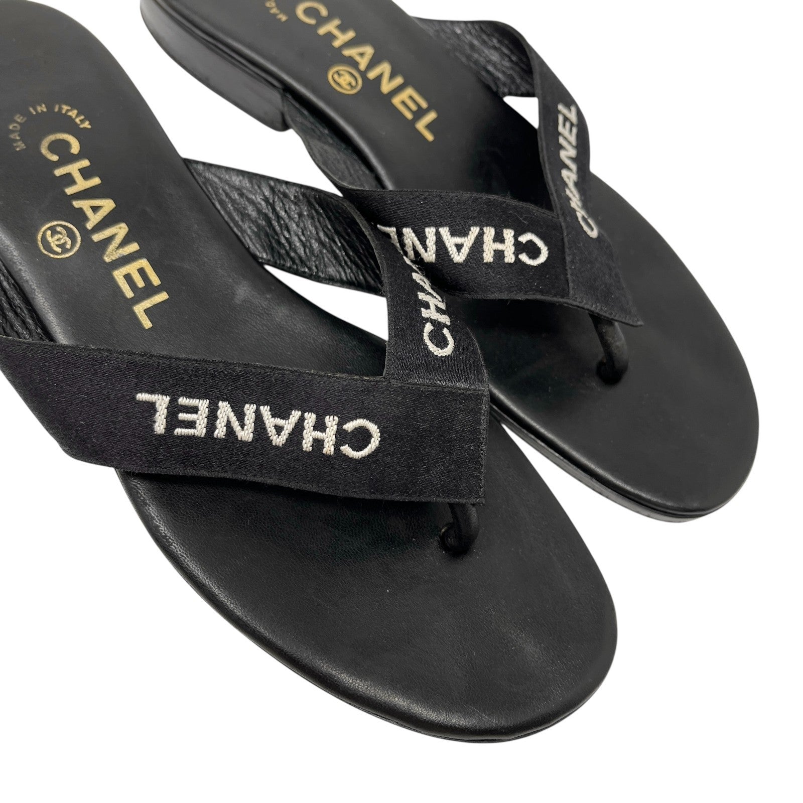 CHANEL Vintage CC Mark Logo Flip-Flops Sandals #37 Flat Black Leather Satin