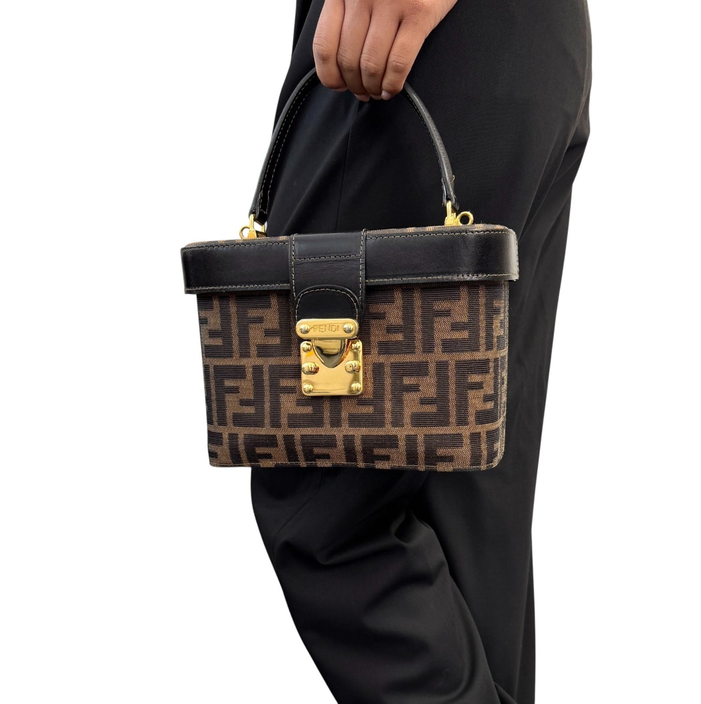 FENDI Vintage FF Zucca Vanity Bag 2way Handbag Crossbody Brown Canvas Leather