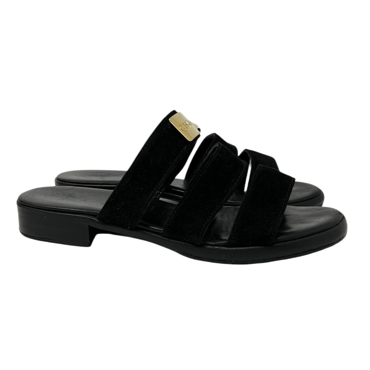 CHANEL Vintage CC Mark Logo Plate Slide Sandals #37-37.5 Black Gold Suede