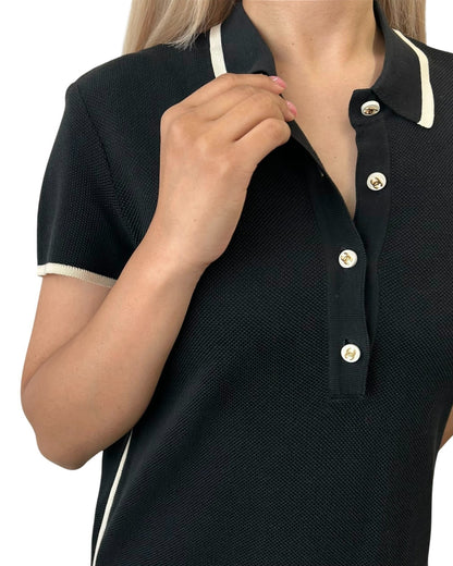 CHANEL Vintage 96C CC Mark Logo Polo Dress #38 One-piece Button Up Black Cotton