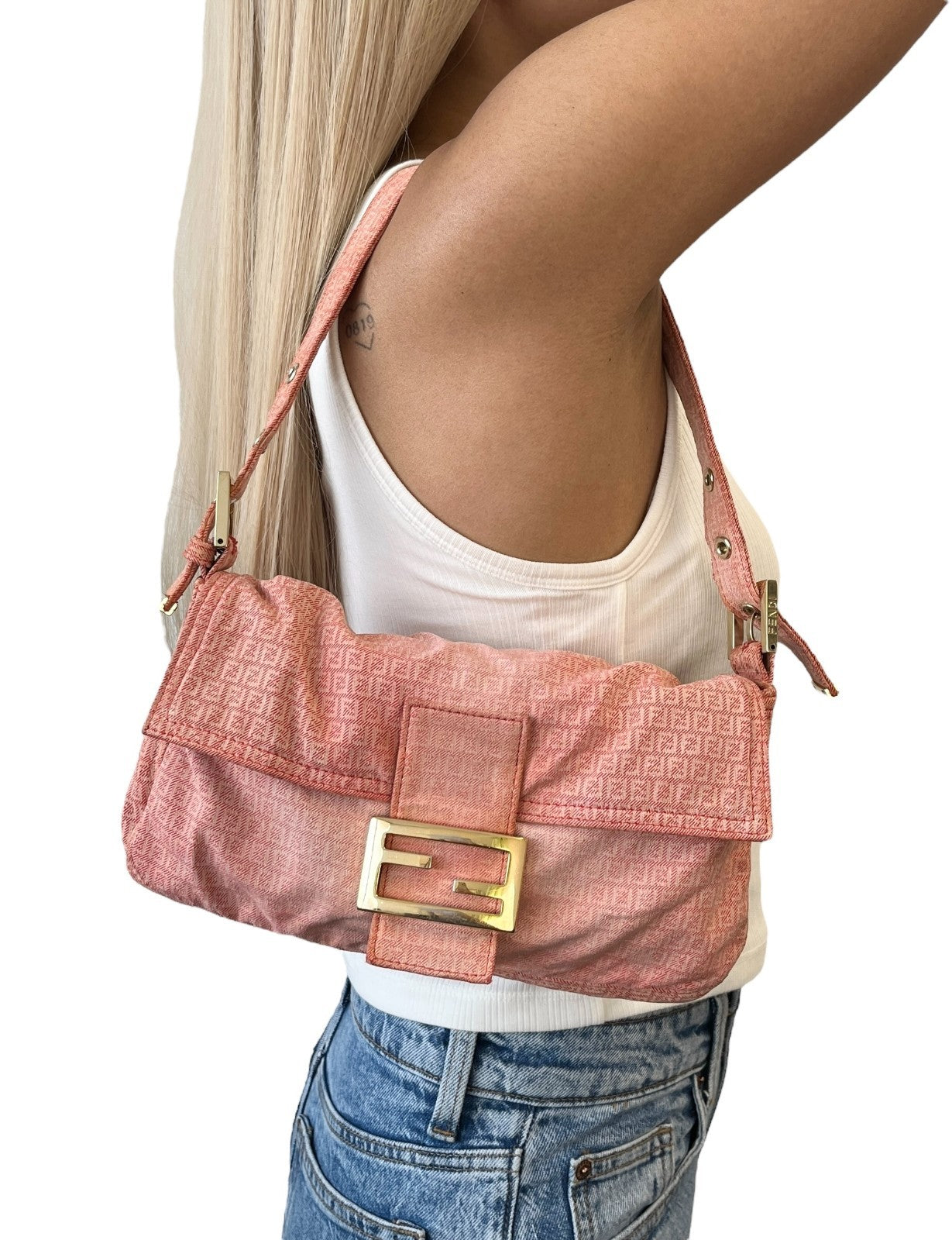 FENDI Vintage Zucchino Monogram Mamma Baguette Shoulder Bag Orange Pink Gold