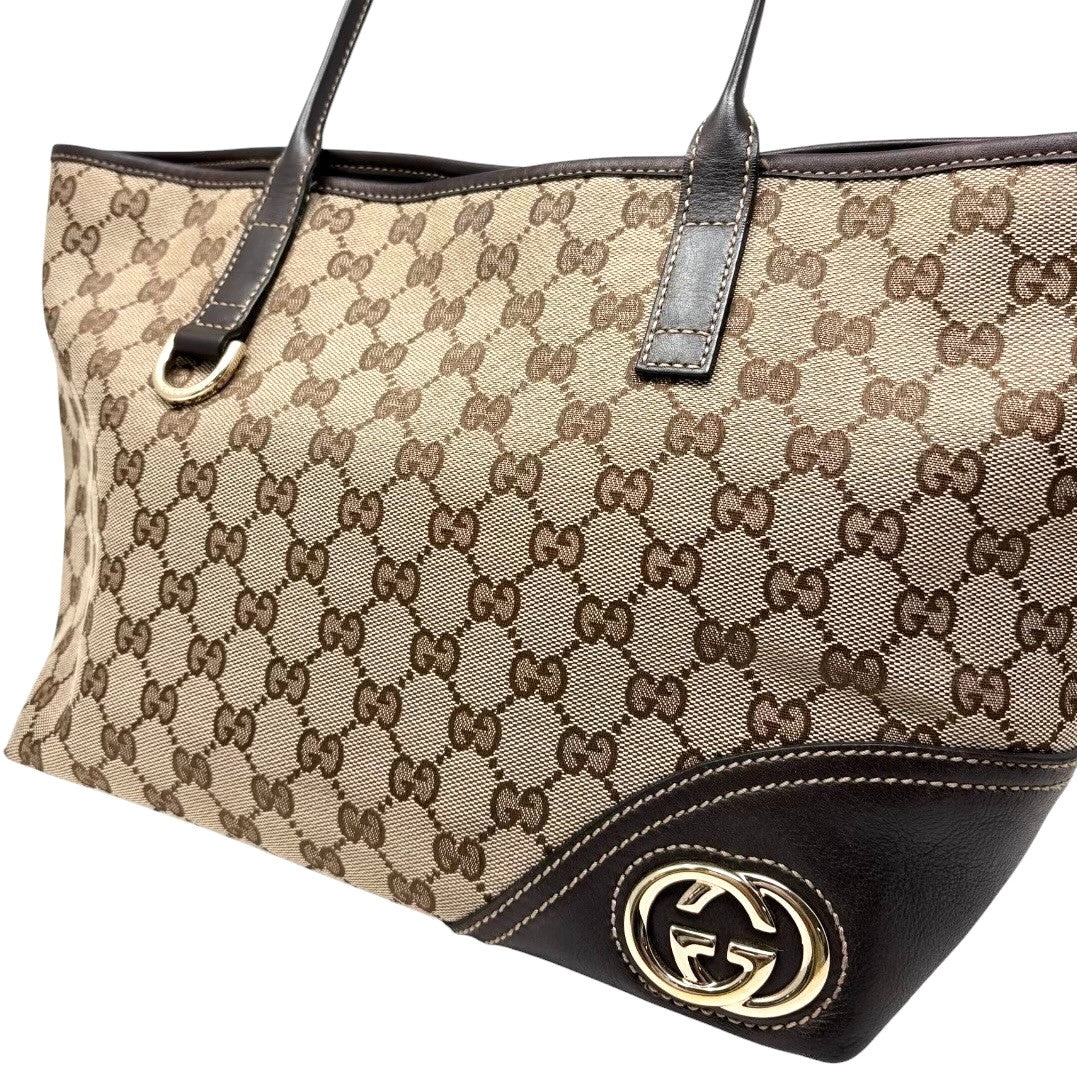 GUCCI Vintage GG Monogram Tote Shoulder Bag Brown Beige Canvas Leather 902829