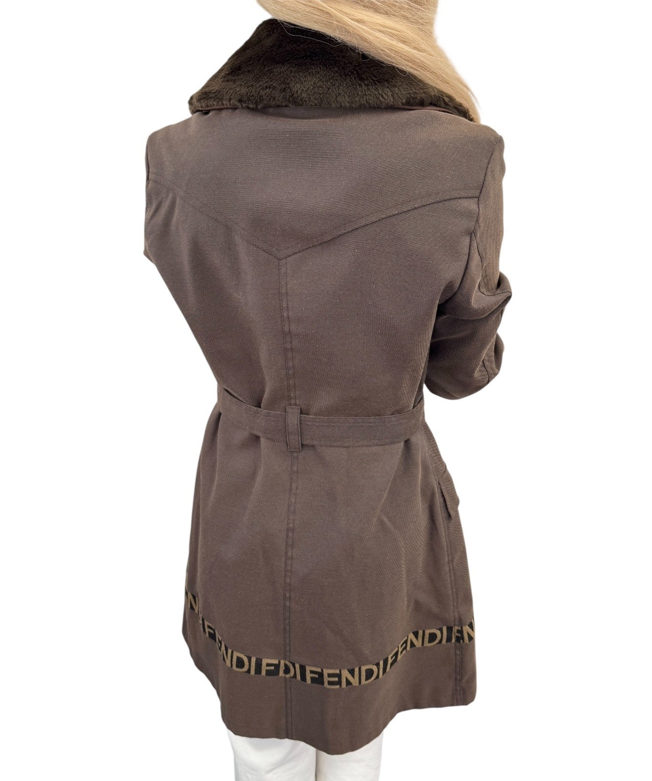 FENDI Vintage FF Logo Fur Belted Long Trench Coat Jacket #38 Brown Black