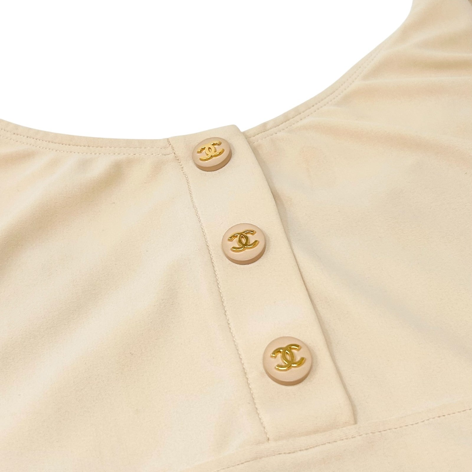 CHANEL Vintage 97C CC Logo Swimsuit Swimwear One-piece Button #40 Beige Nylon