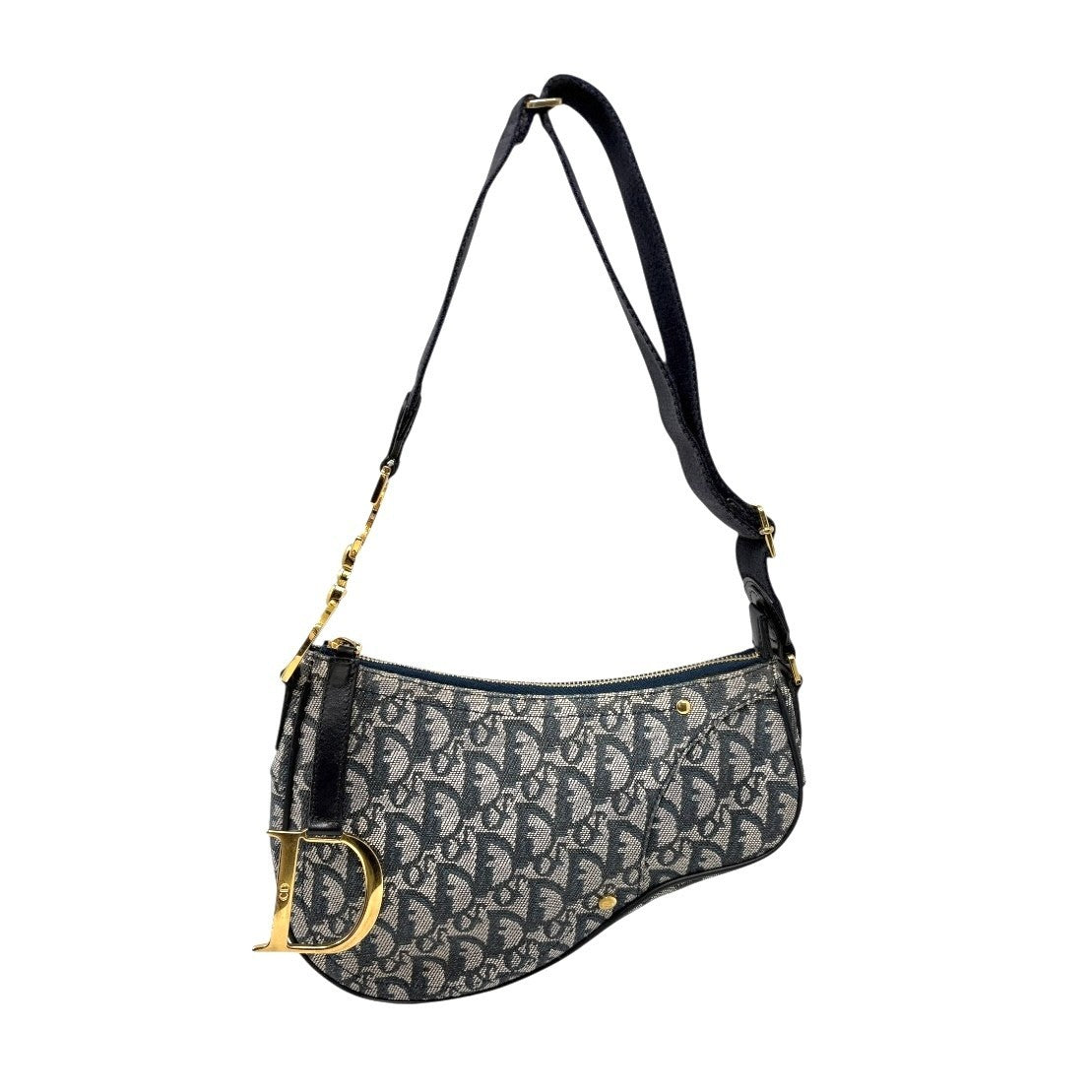 Christian Dior Vintage 2004 Trotter Monogram Saddle Bag Dark Blue Gold Canvas