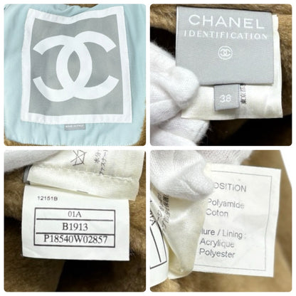 CHANEL Sport Vintage 01A CC Fur Collar Coat Jacket #38 Light Blue Brown 902901