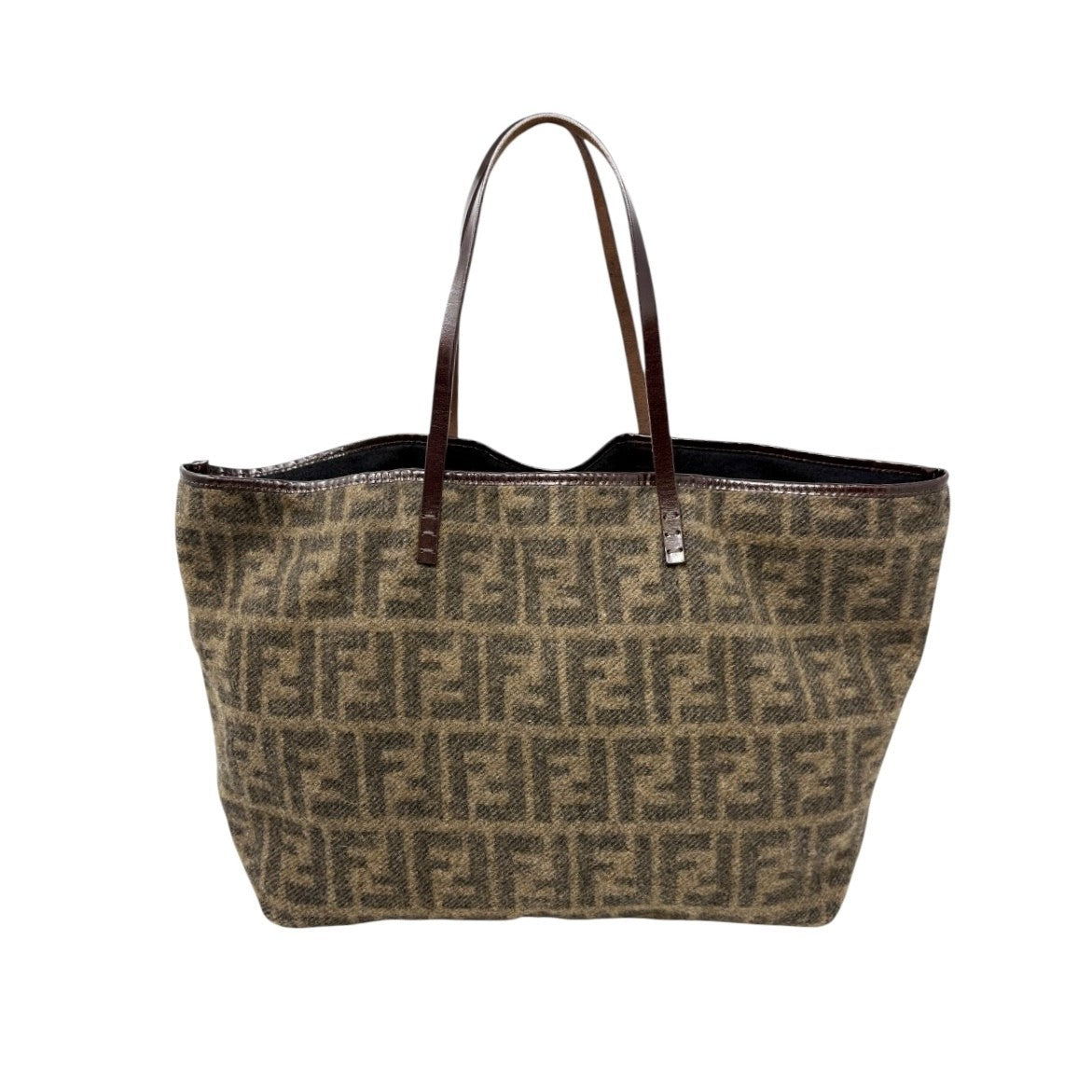 FENDI Vintage Zucca Monogram Knit Wool Tote Shoulder Bag Leather Pouch Brown