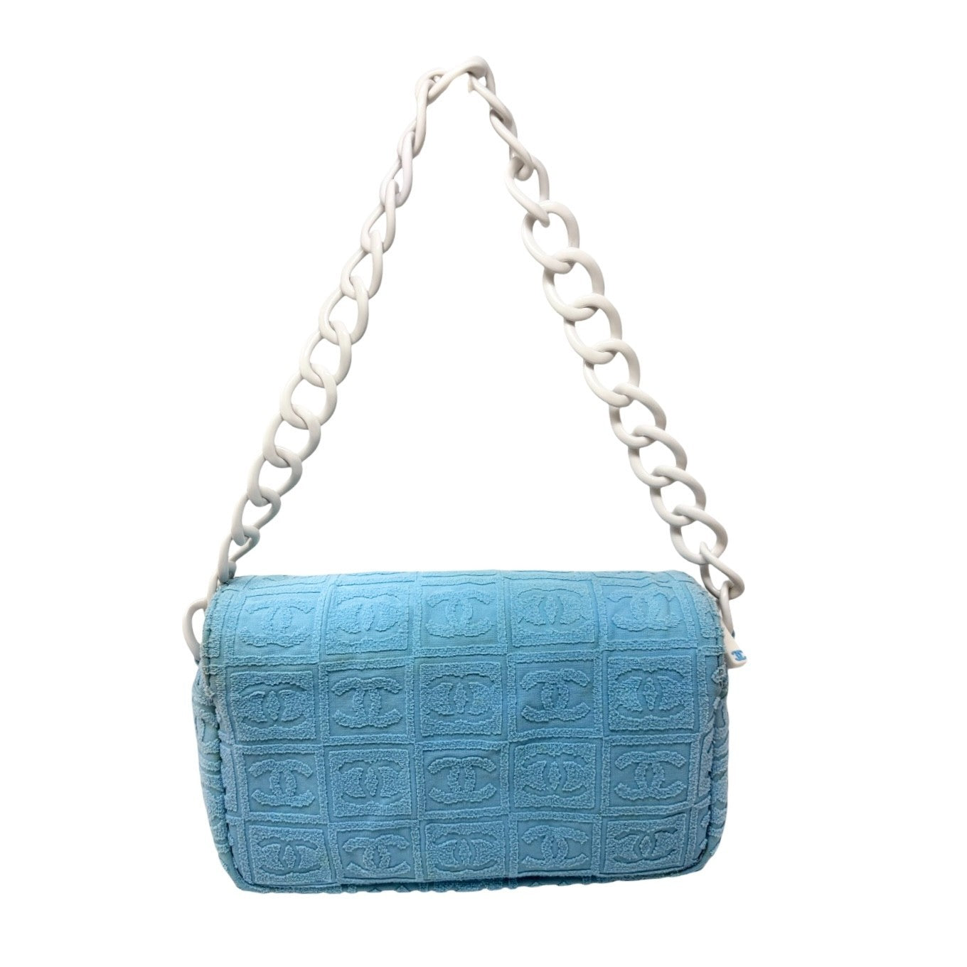 CHANEL Vintage CC Logo Terry Cloth Chain Shoulder Bag Blue White 901828