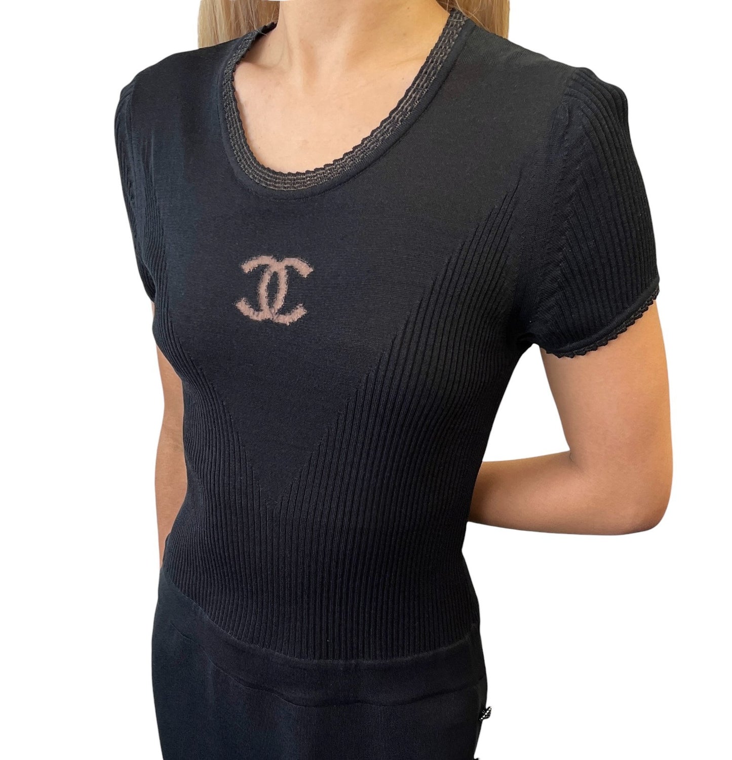 CHANEL Vintage P37829 CC Button Rib Knit Dress One-piece Black #38 Sheer 902018