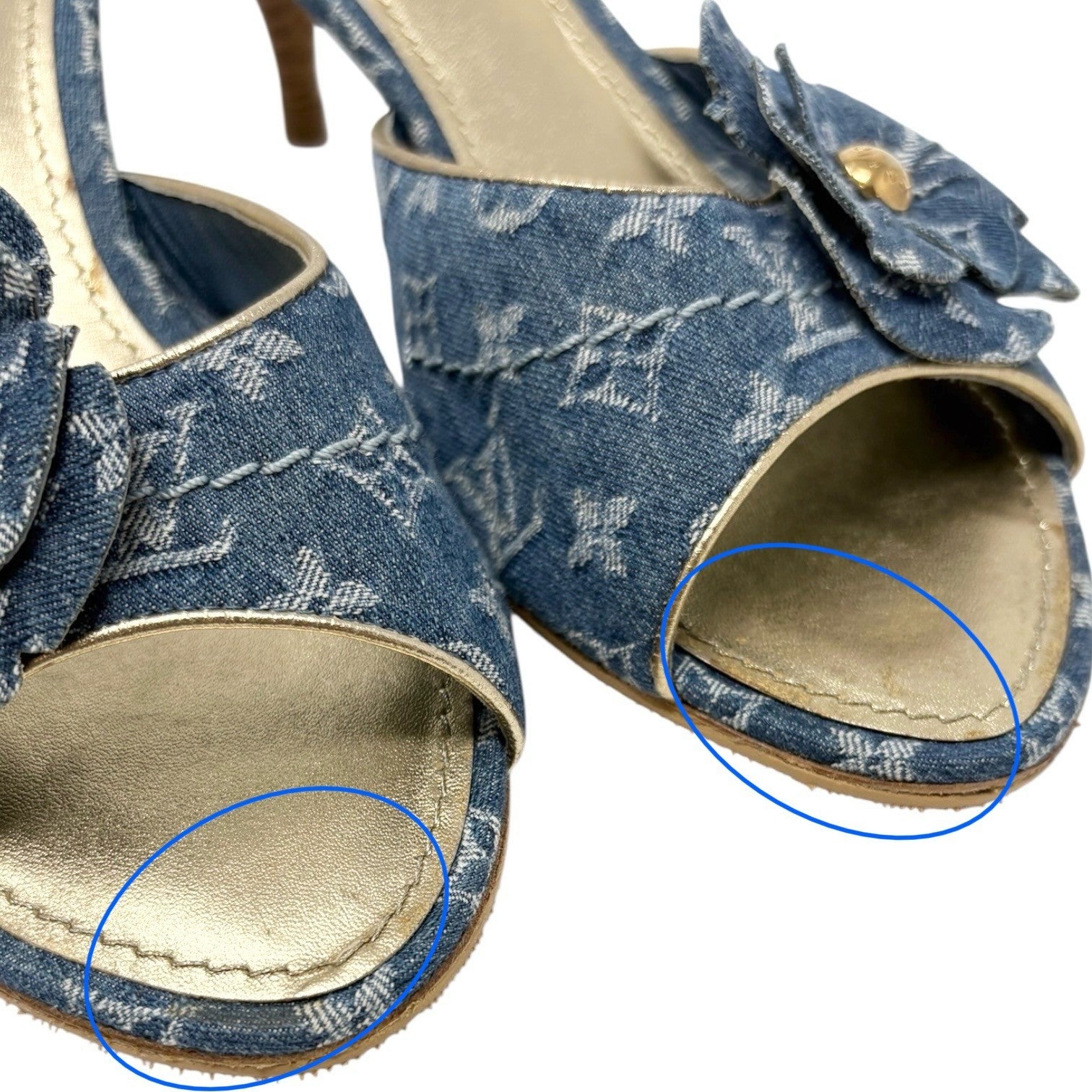 LOUIS VUITTON Vintage Monogram Denim Heels Sandals #36.5 Blue Gold Corsage