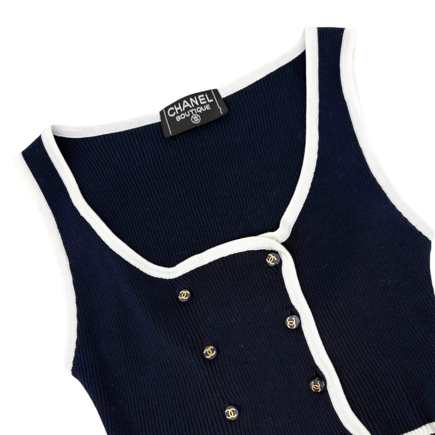 CHANEL Vintage 95P CC Button Ribbed Knit Cropped Tank Top #34 Dark Blue