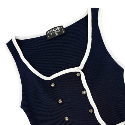 CHANEL Vintage 95P CC Button Ribbed Knit Cropped Tank Top #34 Dark Blue