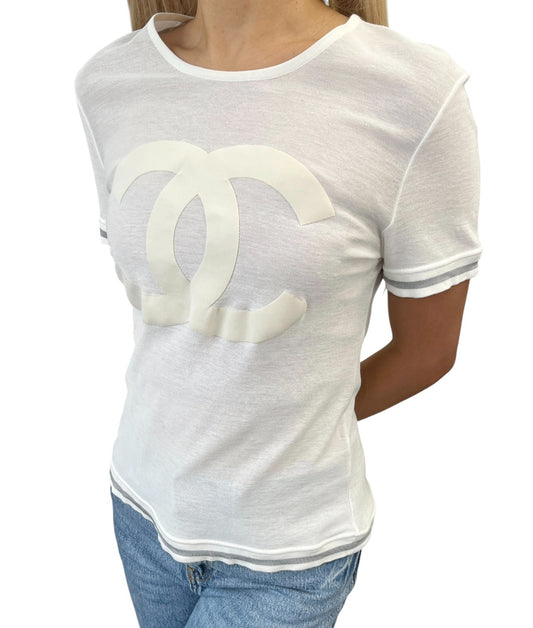 CHANEL Sport Vintage 06C Big CC Logo Mesh T-shirt Top White Gray Line